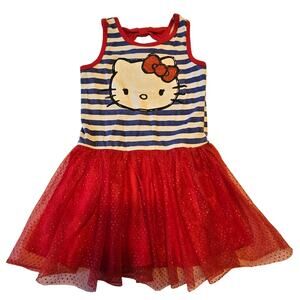 Girl's Sz 4/5 HELLO KITTY Blue White Stripe Sleeveless Red Tulle Sparkle Dress